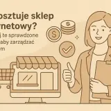 Ile kosztuje sklep internetowy? Grafika pokazuje koszyk, komputer z witryną sklepu, monety i kobietę z dokumentami, sugerując zarządzanie budżetem.