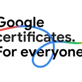 Google certificates. For everyone. Kolorowe linie oplatają tekst, podkreślając dostępność certyfikatów Google dla wszystkich.