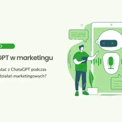 Ilustracja pokazuje, co potrafi ChatGPT w marketingu: człowiek korzysta z telefonu, na którym widać chatbota i mikrofon.