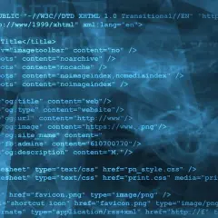 Kod HTML strony internetowej z tagami meta, linkami do stylów i ikon. Kod jest niebieski na ciemnym tle.