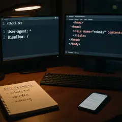 Na biurku z dwoma monitorami widać kod pliku robots.txt i meta tag noindex. Notatnik z hasłami "SEO Strategies", "robots.txt", "noindex", "indexing" i telefon.