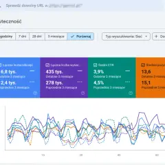 Panel Google Search Console z danymi analizatora SEO: kliknięcia, wyświetlenia, CTR i pozycje. Wykresy pokazują trendy.