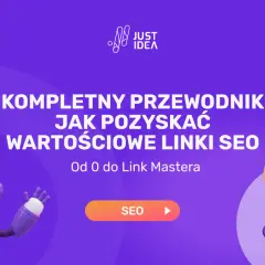 Kompletny przewodnik jak pozyskać wartościowe linki SEO. Uroczy robot i lupa symbolizują skuteczne pozyskiwanie linków.
