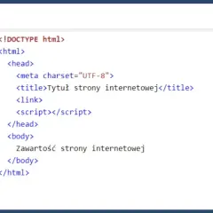Kod źródłowy strony internetowej z podstawowymi znacznikami HTML, takimi jak `<html>`, `<head>`, `<body>` i `<title>`.