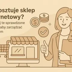 Ile kosztuje sklep internetowy? Grafika pokazuje koszyk, komputer z witryną sklepu, monety i kobietę z dokumentami, sugerując zarządzanie budżetem.