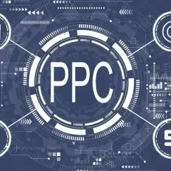 Grafika przedstawia schemat kampanii PPC z ikonami analizy, celu, lupy i dolara.