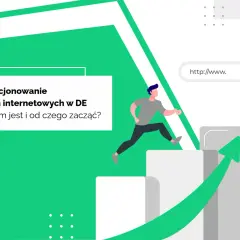 Grafika ilustruje pozycjonowanie stron internetowych w Niemczech. Mężczyzna skacze po schodkach, symbolizując rozwój i osiąganie celów.
