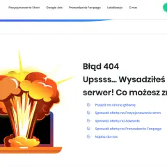 Strona 404: wybuchowy błąd serwera na laptopie. Sprawdź ofertę lub wróć na stronę główną.