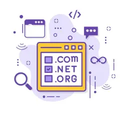 Wybór domeny najwyższego poziomu: .com, .net, .org. Ikony symbolizują wyszukiwanie, kodowanie i komunikację.