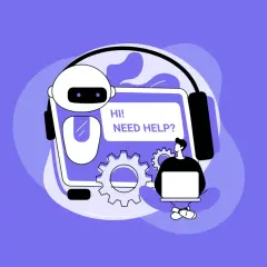Chat GPT i Google pomagają, gdy potrzebujesz wsparcia. Robot z ekranem i słuchawkami pyta "Potrzebujesz pomocy?".