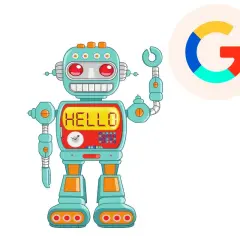 Robot z napisem "HELLO" i logo Google. To pokazuje, co oznacza rel w kontekście technologii i komunikacji.