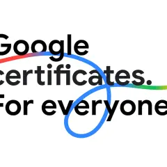 Google certificates. For everyone. Kolorowe linie oplatają tekst, podkreślając dostępność certyfikatów Google dla wszystkich.