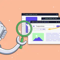 Robot z logo Google analizuje stronę internetową przez lupę. To praca dla każdego seo specialist.
