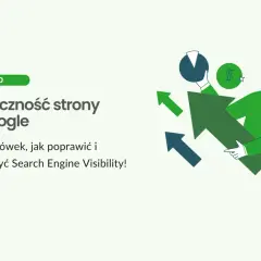 Grafika ilustruje analizę stron internetowych i wzrost widoczności w Google. Mężczyzna trzyma dużą strzałkę w górę, symbolizującą postęp.
