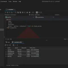 Zapytanie SQL oblicza finalną cenę produktów, uwzględniając rabat. Widać, że niektóre pola discount są NULL, co oznacza brak rabatu dla tych produktów.