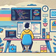 Programista przy biurku, kod na ekranie, komentarz w SQL.
