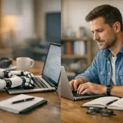 Robot i człowiek pracują przy laptopach. AI copywriter wspiera twórcę treści.