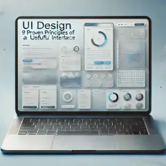 Laptop z ekranem prezentującym zasady UI Design. Widoczne różne elementy interfejsu, wykresy i przyciski.