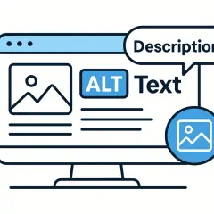 Ilustracja komputera z tekstem "ALT Text" i ikonką obrazka. Opisuje znaczenie tekstu alternatywnego dla dostępności.