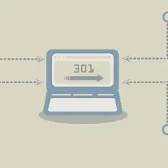 Laptop z ikoną lupy i strzałką wskazującą na "301" symbolizuje przekierowanie 302.