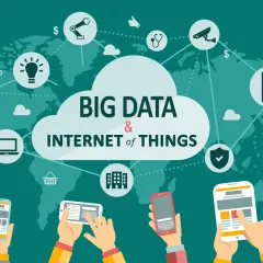 Ilustracja przedstawia chmurę z napisem "BIG DATA & INTERNET of THINGS" otoczoną ikonami symbolizującymi technologię i dane.