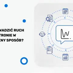 Jak sprawdzić ruch na stronie w skuteczny sposób? Grafika przedstawia schemat analizy danych: wykres, kalendarz, robot, chmura, smartfon, lista zadań.