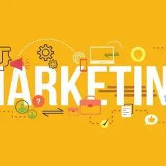 Grafika przedstawia słowo "MARKETING" otoczone ikonami symbolizującymi strategię, komunikację i sukces w sieci.