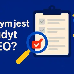 Audyt SEO: lupa bada listę zadań na tablicy, obok wykres wzrostu i trybik. Kluczowe dla techniczne seo.