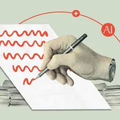 Sztuczna inteligencja pomaga w redagowaniu tekstu, tworząc nowe zasady. Dłoń z ołówkiem pisze na papierze, a stosy dokumentów symbolizują pracę.