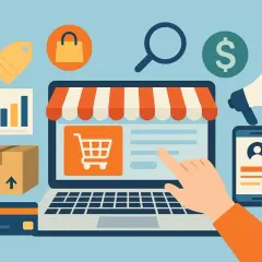 Grafika ilustruje e-commerce jak zacząć: laptop z wirtualnym sklepem, koszyk, karta płatnicza, paczka, wykresy, lupa, głośnik i ikona profilu.