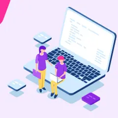 Dwie osoby pracują przy laptopie, tworząc linki zwrotne. W tle kolorowe kształty i klocki.