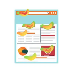 Analiza strony internetowej z kolorowymi plamami, sugerującymi heat mapping. Widoczne elementy: pasek wyszukiwania, artykuły, ikona czatu i odtwarzacz wideo.