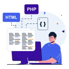 Programista tworzy wygląd strony internetowej, pracując z kodem HTML i PHP.