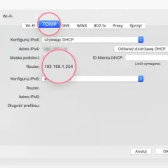 Ustawienia sieci Wi-Fi, zakładka TCP/IP. Widoczny adres routera: 192.168.1.254. To jest przykład, co to IP.