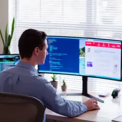 Mężczyzna w niebieskiej koszuli pracuje przy komputerze z dwoma monitorami, na których widać kod i stronę internetową.