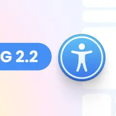 Ikona dostępności i tekst WCAG 2.2 na tle gradientu. Lista zadań z zaznaczonymi elementami.