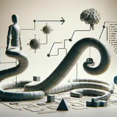 Robot uczy się przez węże danych, tworząc algorytmy AI. Symbol Pythona sugeruje narzędzia do tworzenia inteligentnych systemów.