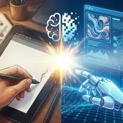 Ręka artysty tworzy szkice na tablecie, a robotyczny palec dotyka ekranu z wizualizacją sieci neuronowej. To połączenie ludzkiej kreatywności i ai grafiki.