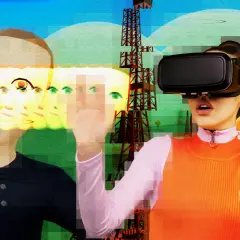 Kobieta w goglach VR wchodzi do metaświata. Obok niej cyfrowa postać, wieża i powielone awatary.