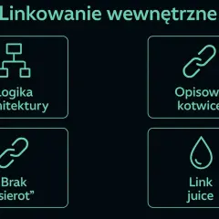 Diagram przedstawia cztery aspekty linkowania wewnętrznego: logikę architektury, opisowe kotwice, brak stron sierot i "link juice". Kluczowe dla **page rank**.