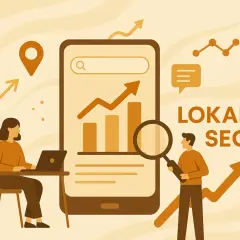 Grafika ilustruje lokalne SEO. Kobieta pracuje przy laptopie, mężczyzna analizuje dane na smartfonie za pomocą lupy. Widać wykresy wzrostu i ikonę lokalizacji.
