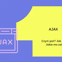 Grafika wyjaśnia, ajax co to jest, jak działa i jakie ma zalety. Widoczny jest stylizowany interfejs przeglądarki z napisem AJAX.