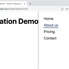 Menu nawigacyjne z opcjami: Home, About us, Pricing, Contact. Ikona hamburger menu widoczna w prawym górnym rogu.