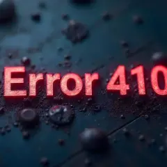 Czerwone, świecące litery "Error 410" na ciemnym, zniszczonym tle.