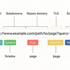 Diagram rozkłada adres internetowy na części: protokół, subdomenę, nazwę domeny, TLD, ścieżkę, slug, parametry i kotwicę.