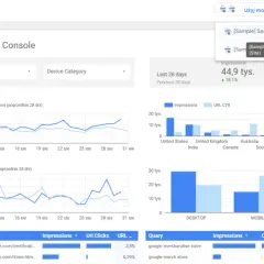 Raport Google Search Console z wykresami i danymi o kliknięciach i wyświetleniach.