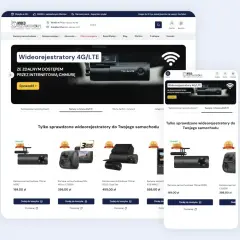 Strona sklepu z wideorejestratorami 4G/LTE. Promocja "Sprawdź" zachęca do zakupu, a sekcja "Tylko sprawdzone wideorejestratory" prezentuje modele. Możliwość porównania produktów.