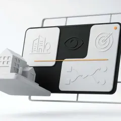 Model domów i interfejs z ikonami: budynki, oko, cel, schemat. Idealne do bloga o marketingu.