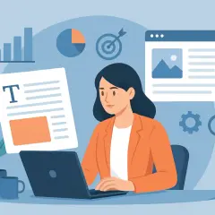 Kobieta tworzy dobry kontent na laptopie. W tle wykresy, cel i strona internetowa.