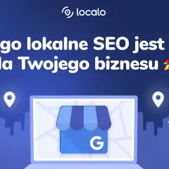 Grafika z hasłem "Dlaczego lokalne SEO jest ważne dla Twojego biznesu". Widoczny laptop z ikoną sklepu Google i rakietą symbolizującą rozwój.
